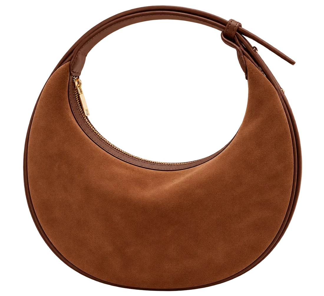 Women's Brown Crescent Velvet Shoulder Bag, Adjustable Strap