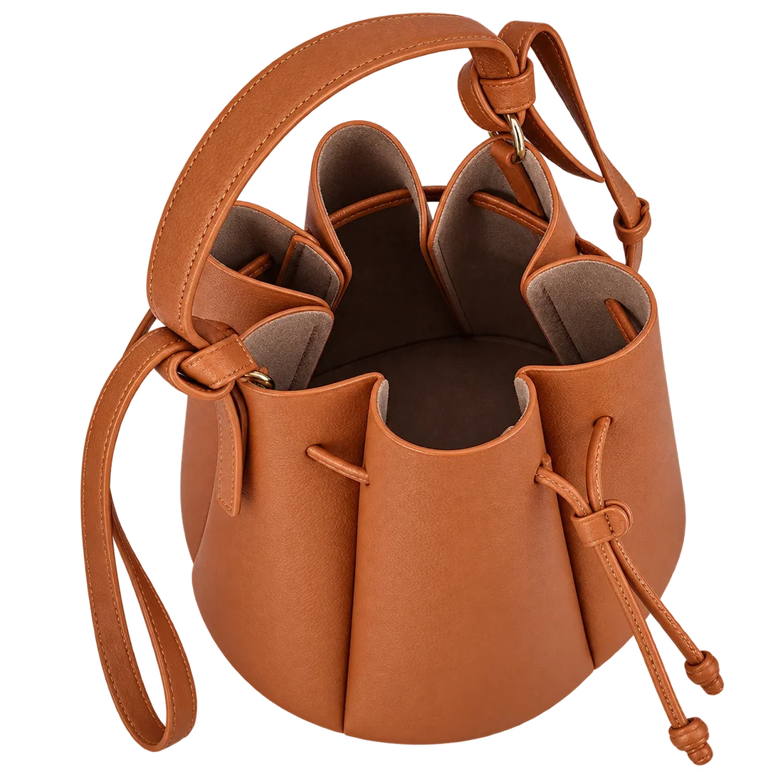 Women’s Vintage Petal Bucket Bag – PU Leather Crossbody Shoulder Handbag