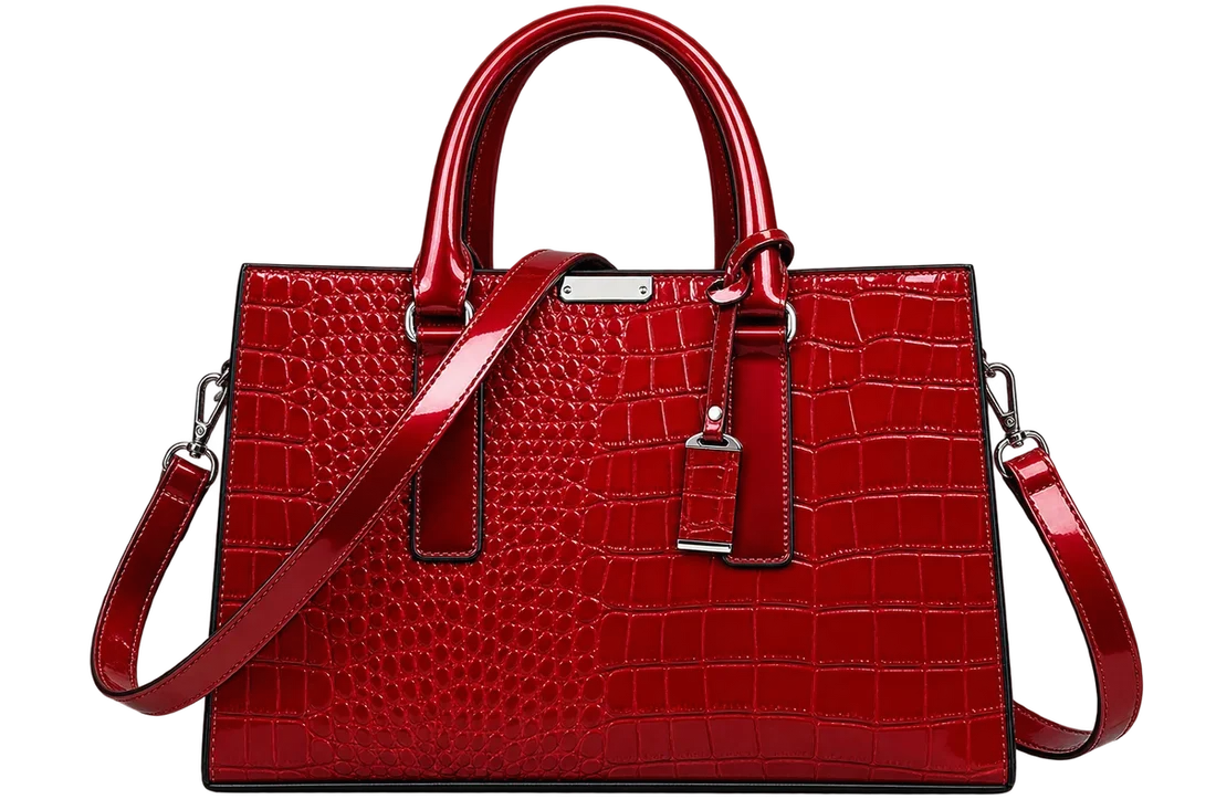 Women's Burgundy Crocodile Pattern Leather Tote Bag with Shoulder Strap