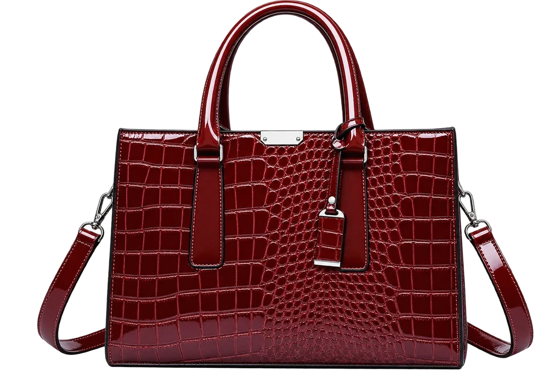 Women's Burgundy Crocodile Pattern Leather Tote Bag with Shoulder Strap