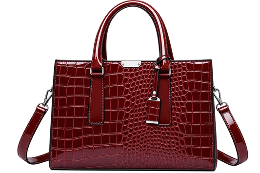 Women's Burgundy Crocodile Pattern Leather Tote Bag with Shoulder Strap