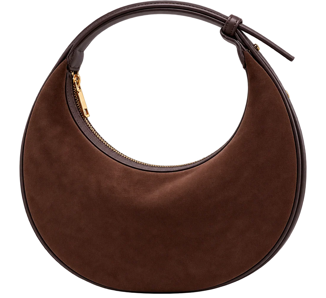 Women's Brown Crescent Velvet Shoulder Bag, Adjustable Strap
